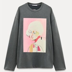 NWT! Zara & Angel Hernandez Collab Gray Long Sleeve Graphic Shirt - Size S